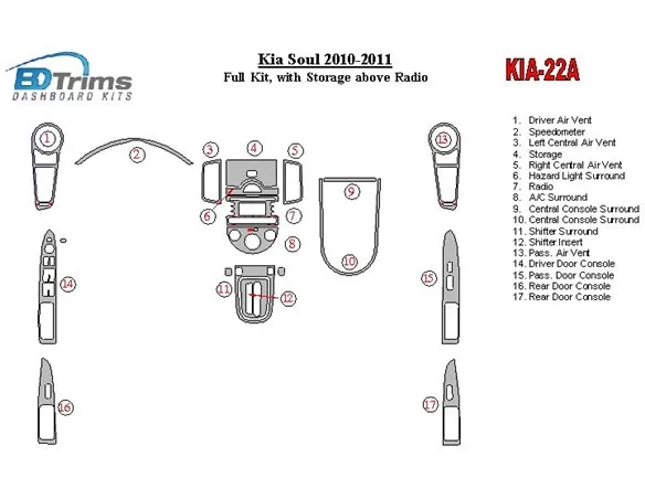 KIA Soul 2010-UP Full Set, With Storage above Radio Interior BD Dash Trim Kit