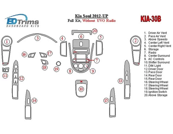 Kia Soul 2012-UP Full Set Without UVO Radio Interior BD Dash Trim Kit - 1 - Interior Dash Trim Kit