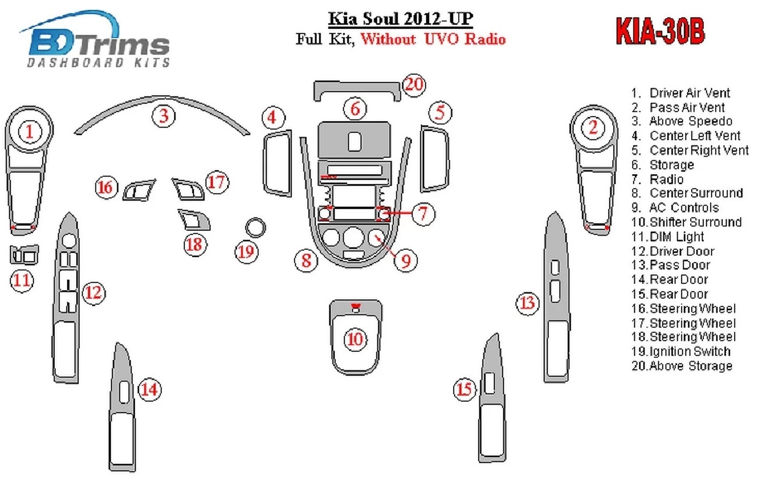 Kia Soul 2012-UP Full Set Without UVO Radio Interior BD Dash Trim Kit - 1 - Interior Dash Trim Kit