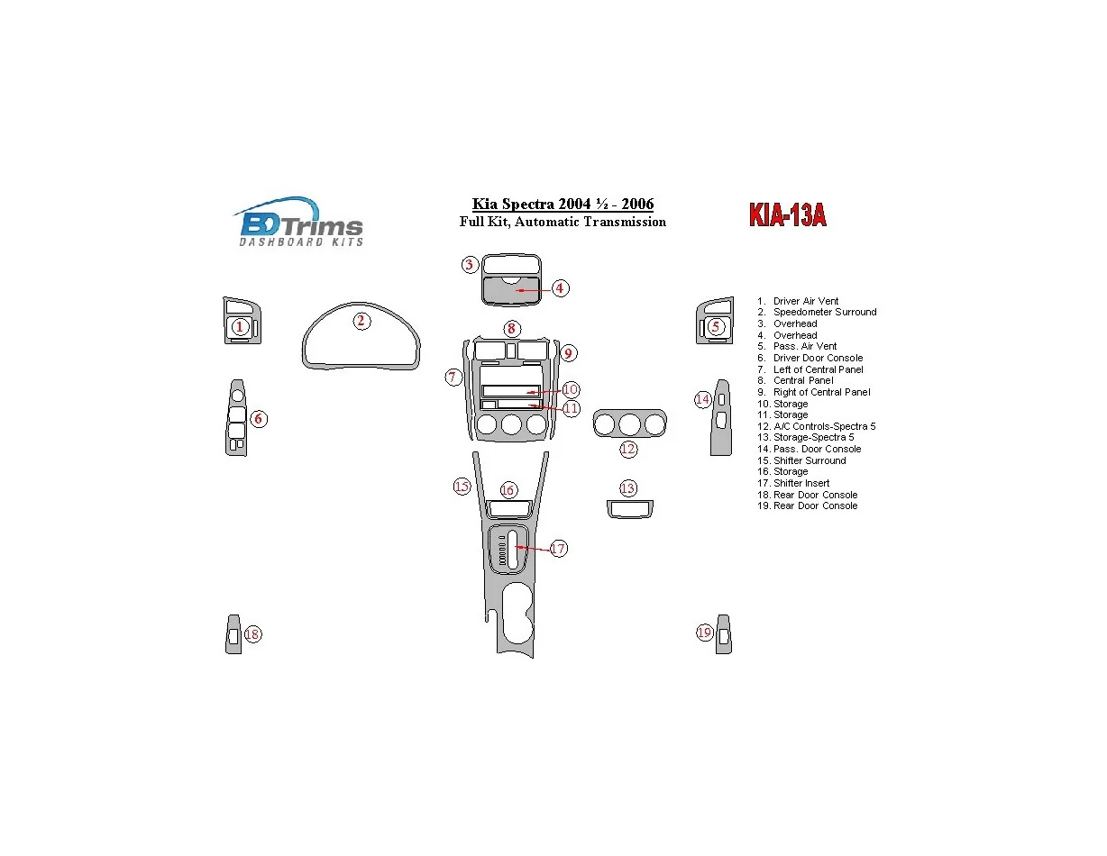 Kia Spectra 2004-2006 Full Set, Automatic Gear Interior BD Dash Trim Kit - 1 - Interior Dash Trim Kit