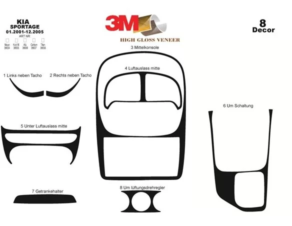 Kia Sportage 01.01-12.05 3D Interior Dashboard Trim Kit Dash Trim Dekor 8-Parts - 1 - Interior Dash Trim Kit