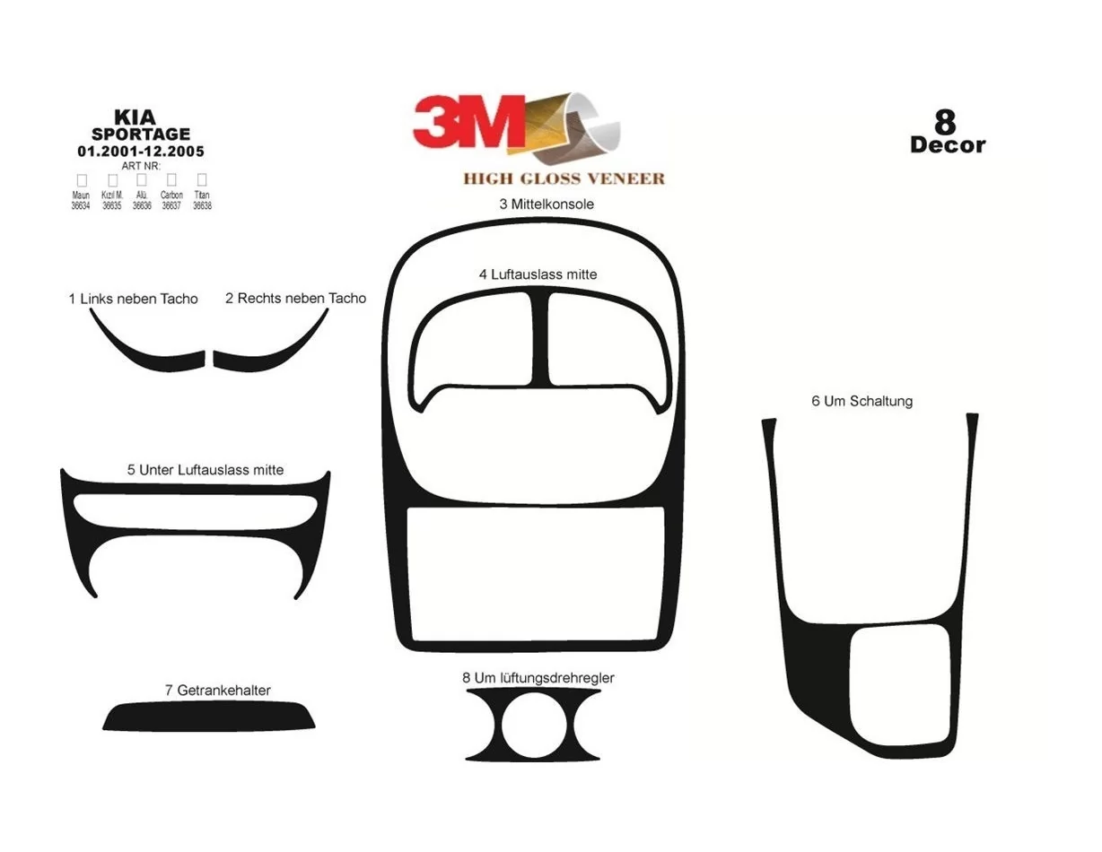 Kia Sportage 01.01-12.05 3D Interior Dashboard Trim Kit Dash Trim Dekor 8-Parts - 1 - Interior Dash Trim Kit