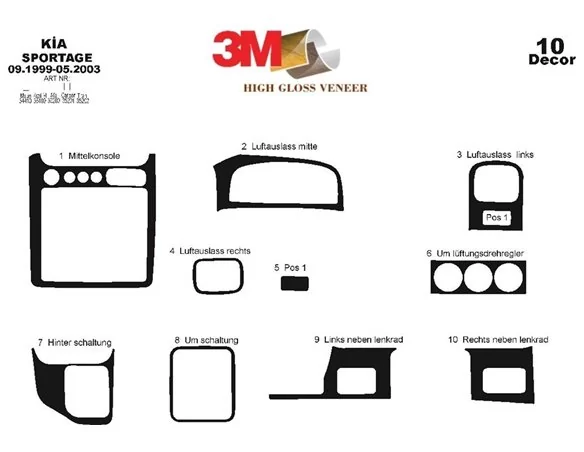Kia Sportage 09.99-05.03 3D Interior Dashboard Trim Kit Dash Trim Dekor 10-Parts