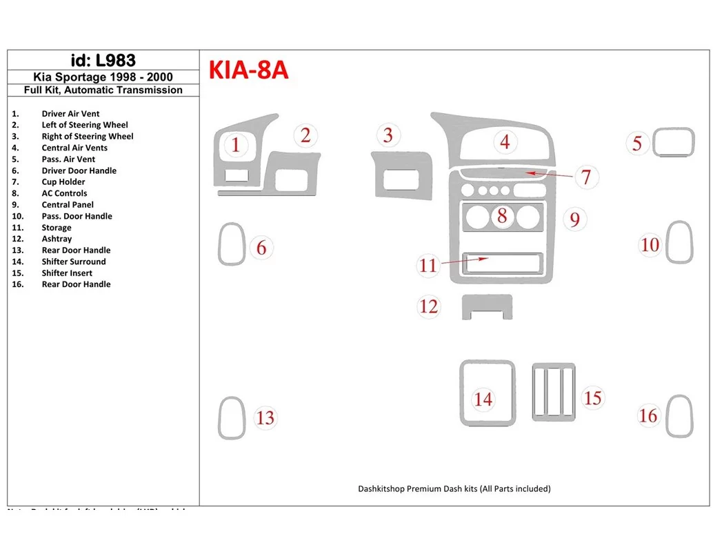 Kia Sportage 1998-2000 Full Set, Automatic Gear Interior BD Dash Trim Kit - 1 - Interior Dash Trim Kit