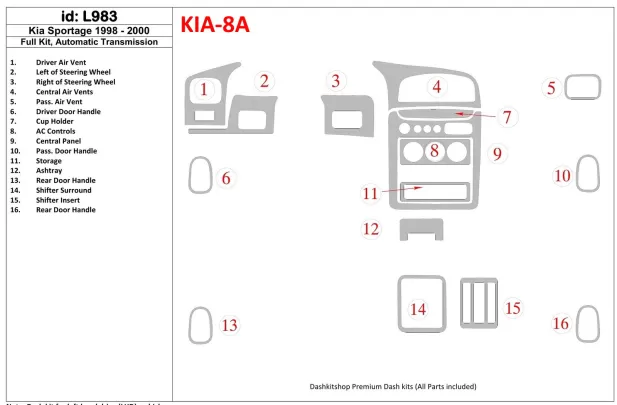 Kia Sportage 1998-2000 Full Set, Automatic Gear Interior BD Dash Trim Kit - 1 - Interior Dash Trim Kit