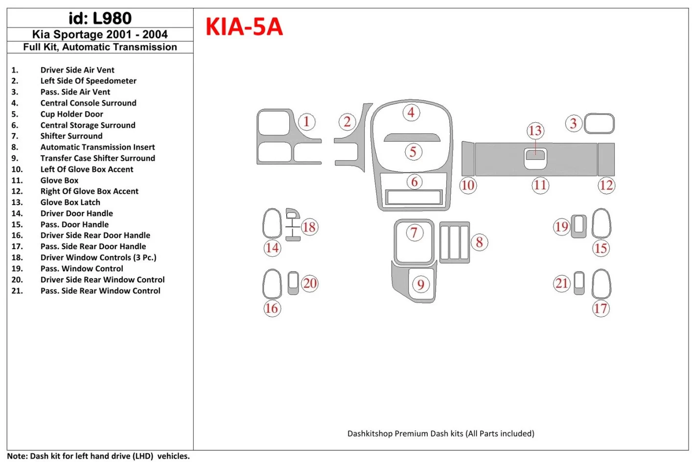 Kia Sportage 2001-2005 Full Set Interior BD Dash Trim Kit - 1 - Interior Dash Trim Kit