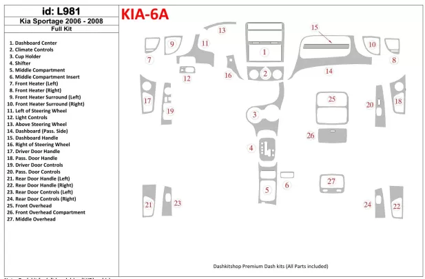 Kia Sportage 2006-2008 Full Set Interior BD Dash Trim Kit - 1 - Interior Dash Trim Kit