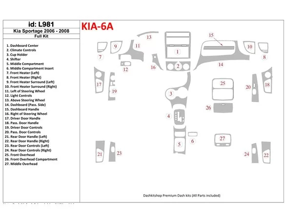 Kia Sportage 2006-2008 Full Set Interior BD Dash Trim Kit - 1 - Interior Dash Trim Kit