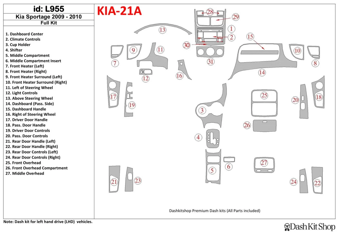 KIA Sportage 2009-2010 Full Set Interior BD Dash Trim Kit - 1 - Interior Dash Trim Kit