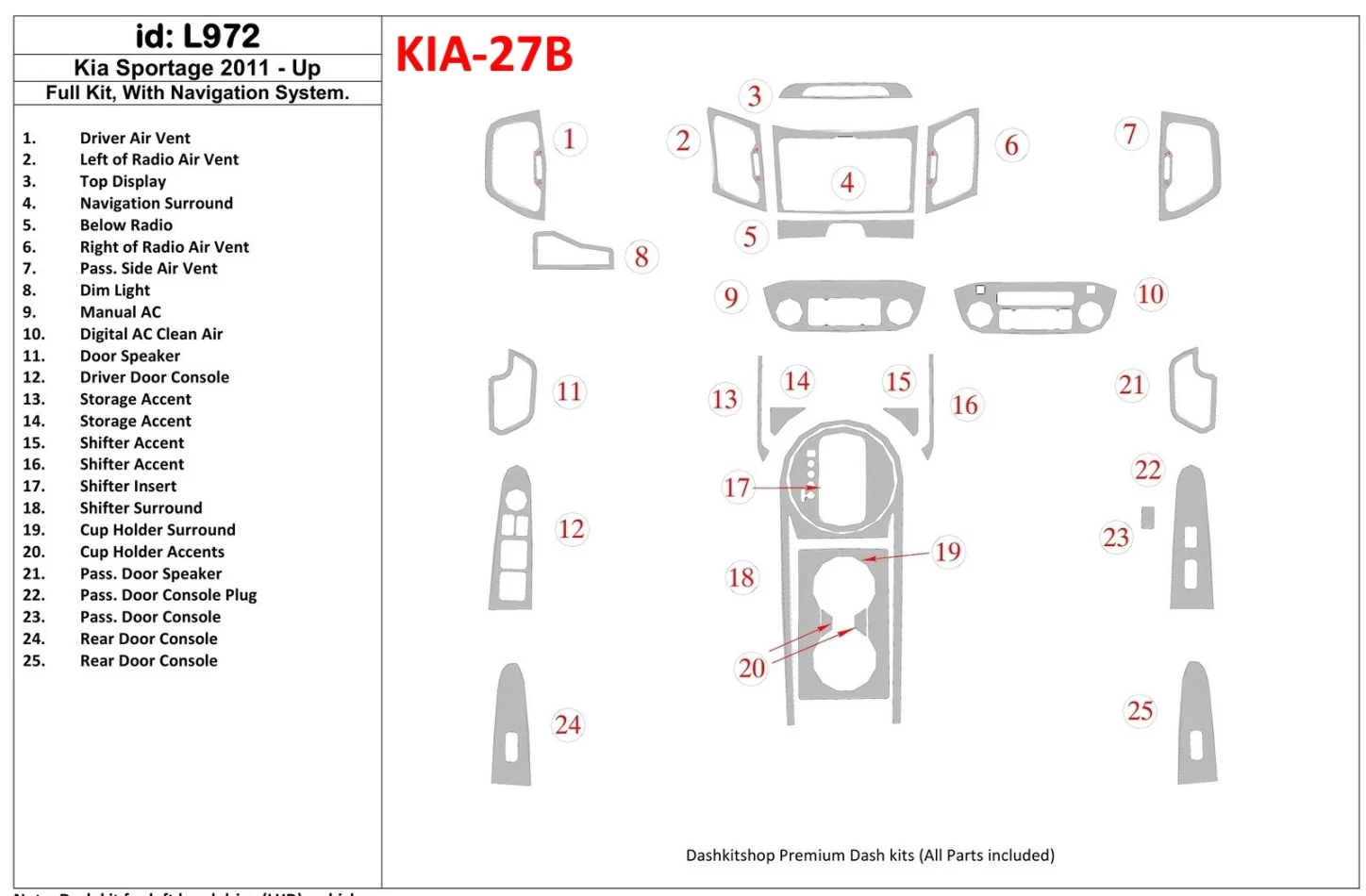 KIA Sportage 2011-UP Full Set, With NAVI system Interior BD Dash Trim Kit - 1 - Interior Dash Trim Kit
