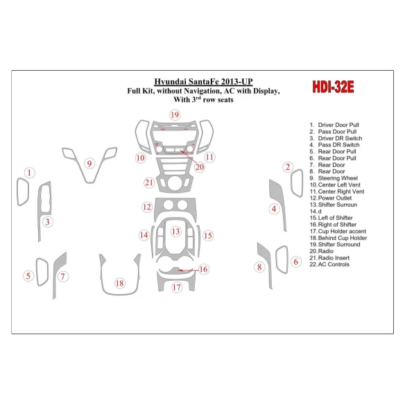 Hyundai Santa Fe 2013-UP Full Set, Without NAVI, Climate-Control With Display, With 3 row seats Interior BD Dash Trim Kit