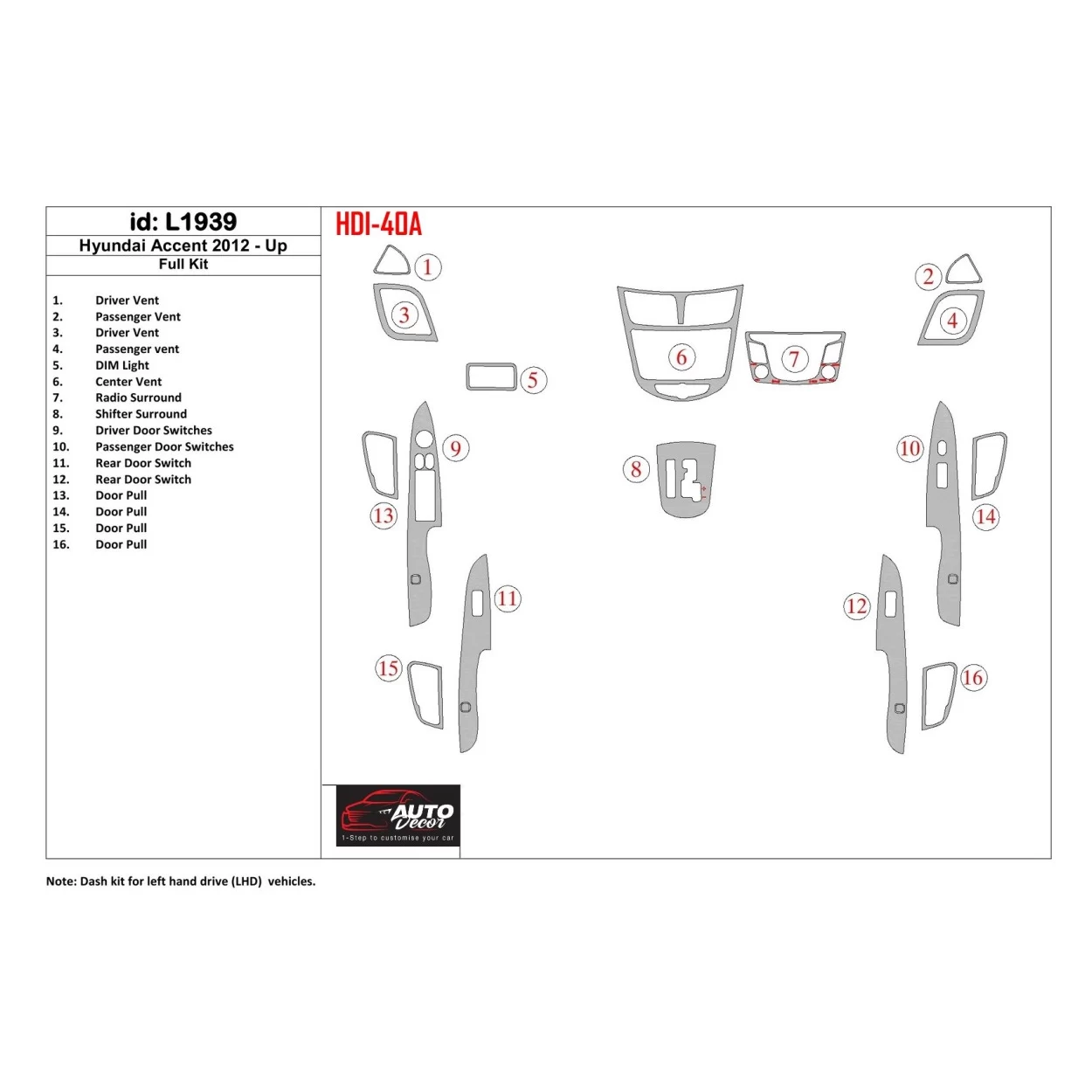 Hyundai Solaris 2012-UP Full Set Interior BD Dash Trim Kit