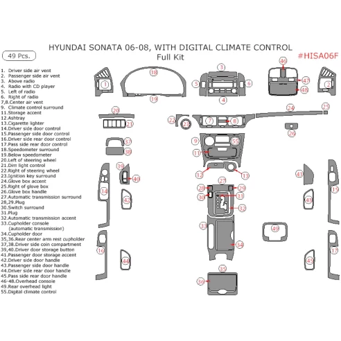 Hyundai Sonata 2006-UP Full Set, Without Heated Seats, Auto AC Control Interior BD Dash Trim Kit
