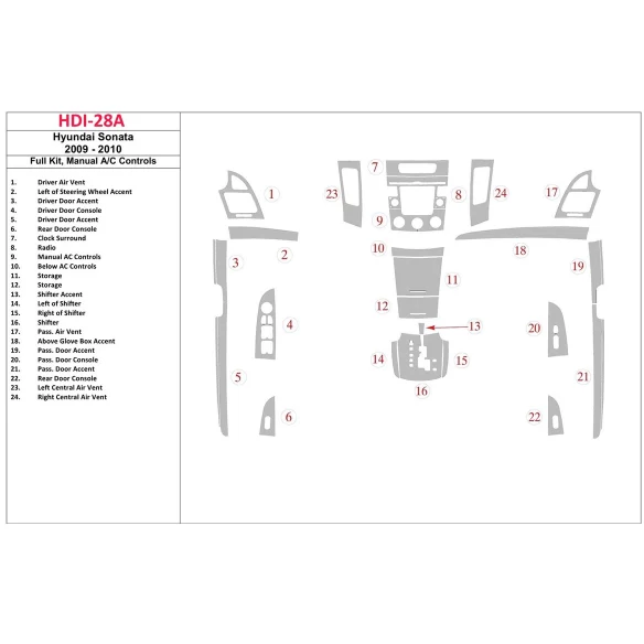 Hyundai Sonata 2009-2010 Full Set, Manual Gearbox A/C Control Interior BD Dash Trim Kit