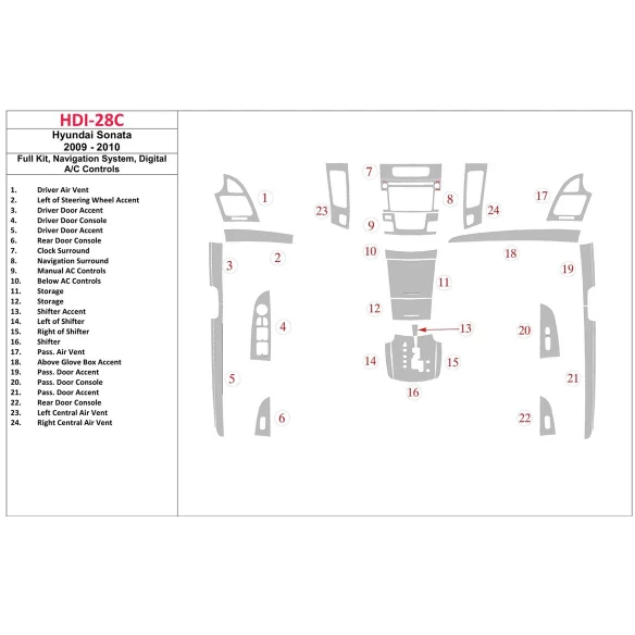 Hyundai Sonata 2009-2010 Full Set, With NAVI, Automatic AC Controls Interior BD Dash Trim Kit
