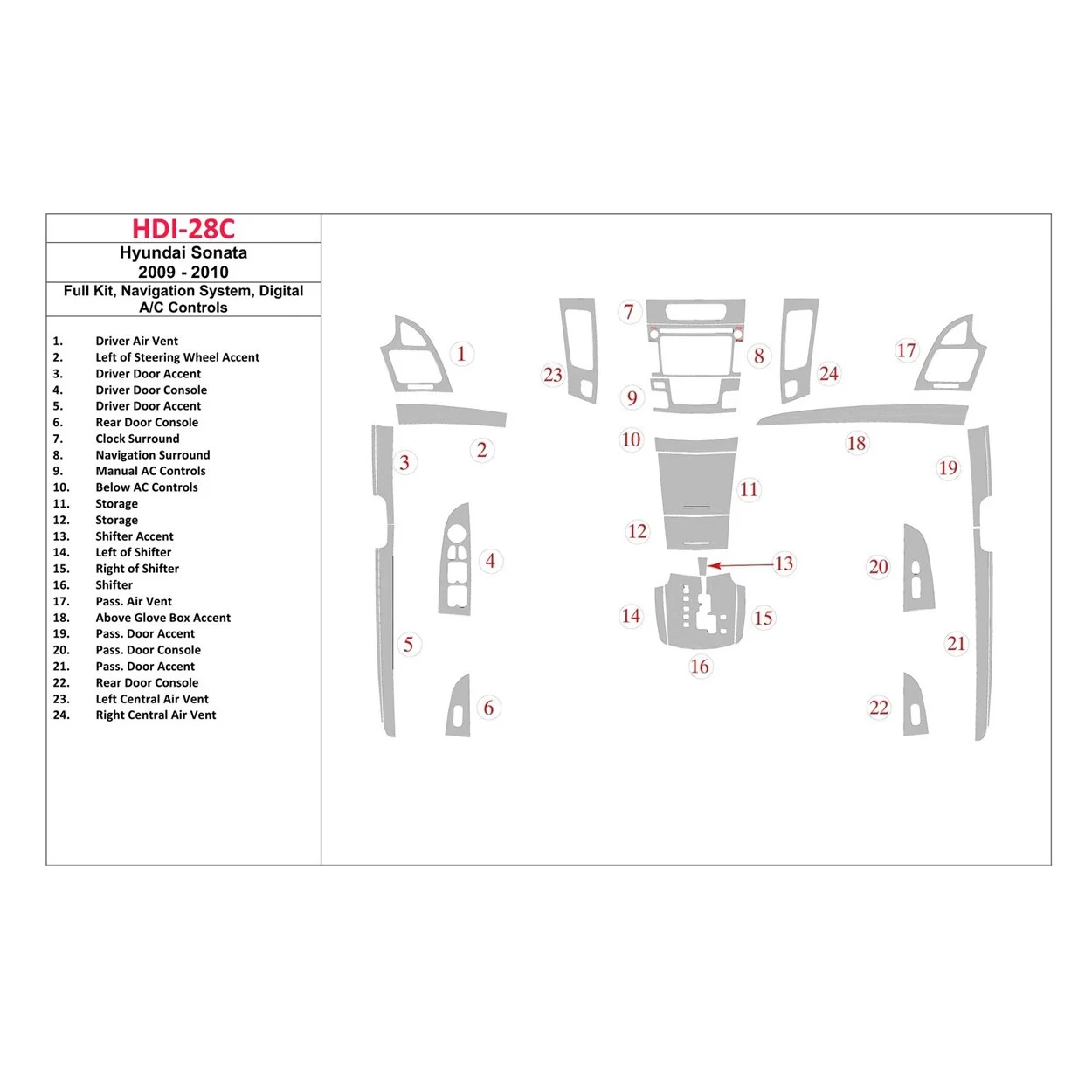 Hyundai Sonata 2009-2010 Full Set, With NAVI, Automatic AC Controls Interior BD Dash Trim Kit