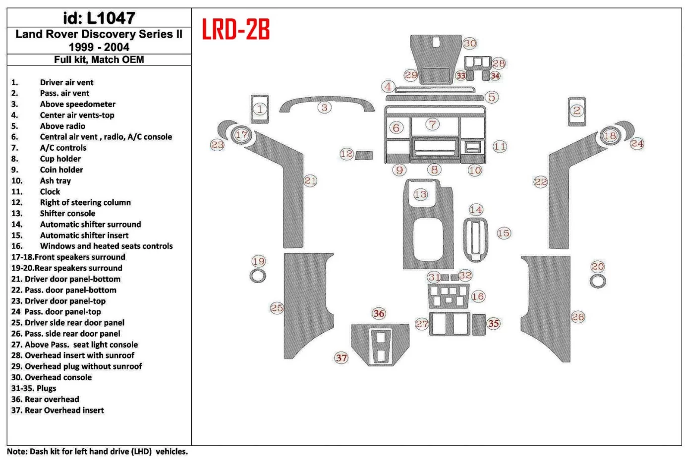 Land Rover Discovery 1999-2004 Full Set, OEM Compliance Interior BD Dash Trim Kit - 1 - Interior Dash Trim Kit