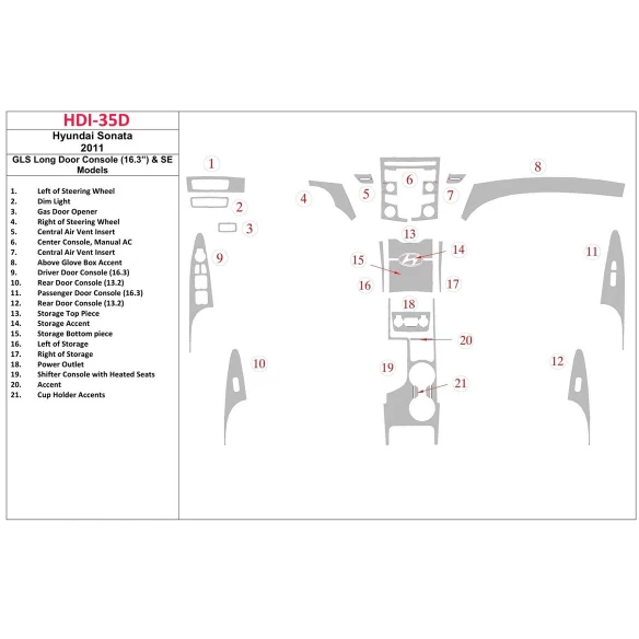 Hyundai Sonata 2011-UP GLS Model, Long Doors Console (163 inches) & SE Models Interior BD Dash Trim Kit