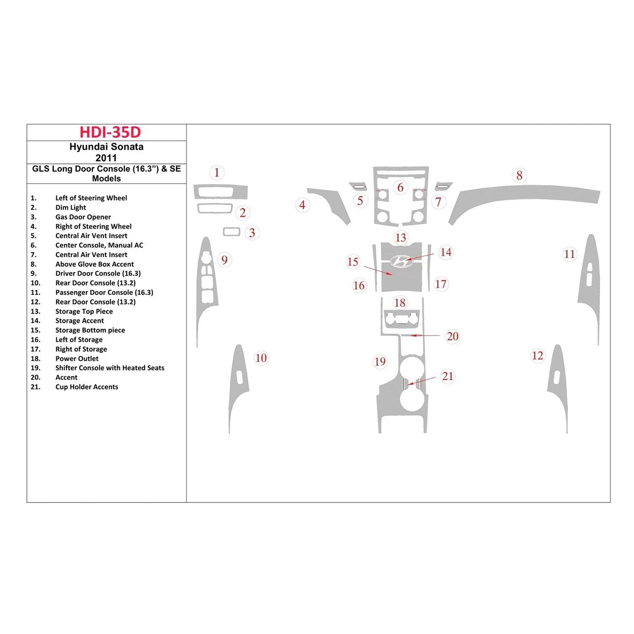 Hyundai Sonata 2011-UP GLS Model, Long Doors Console (163 inches) & SE Models Interior BD Dash Trim Kit
