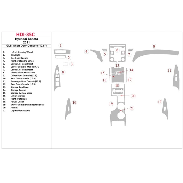 Hyundai Sonata 2011-UP GLS Model, Short Doors Console (128 inches) Interior BD Dash Trim Kit
