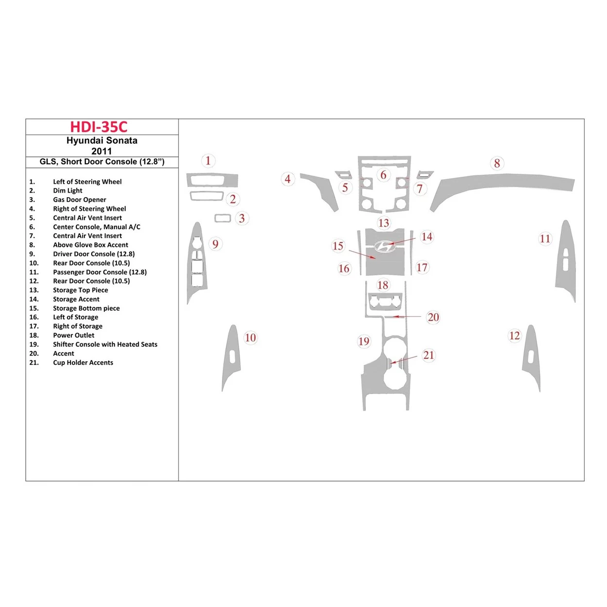 Hyundai Sonata 2011-UP GLS Model, Short Doors Console (128 inches) Interior BD Dash Trim Kit