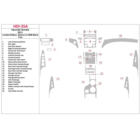Hyundai Sonata 2011-UP Limited Edition, Add-On to OEM Black Trim Interior BD Dash Trim Kit