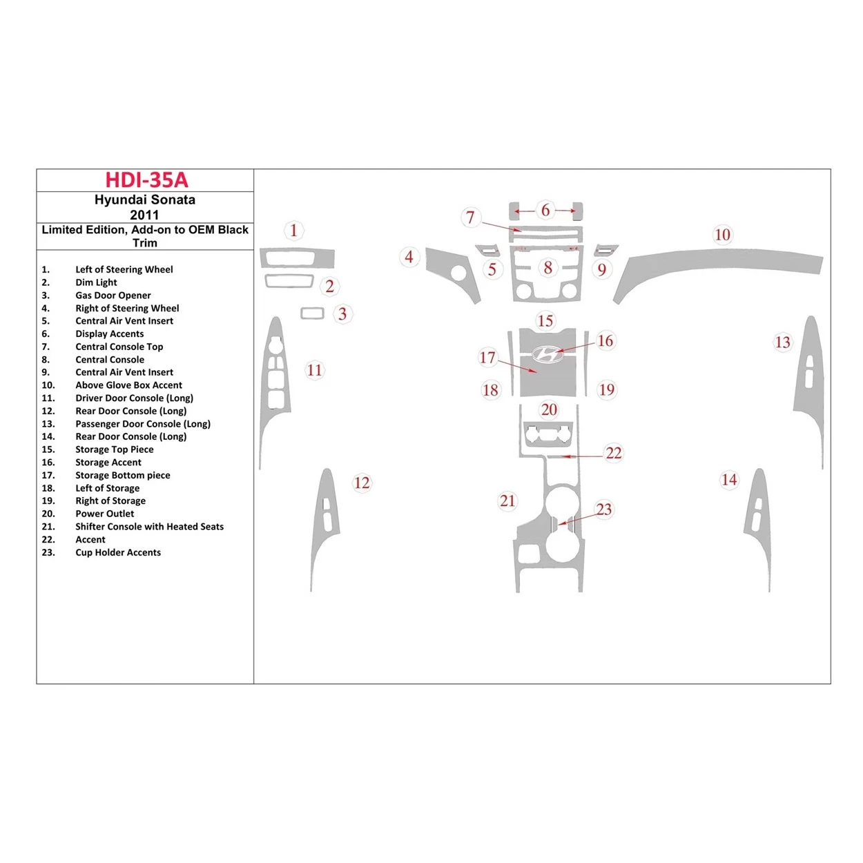 Hyundai Sonata 2011-UP Limited Edition, Add-On to OEM Black Trim Interior BD Dash Trim Kit
