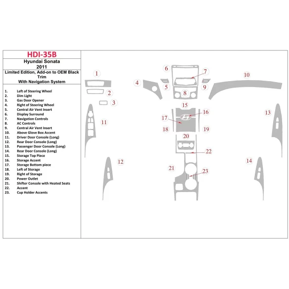 Hyundai Sonata 2011-UP Limited Edition, Add-On to OEM Black Trim, With NAVI system Interior BD Dash Trim Kit