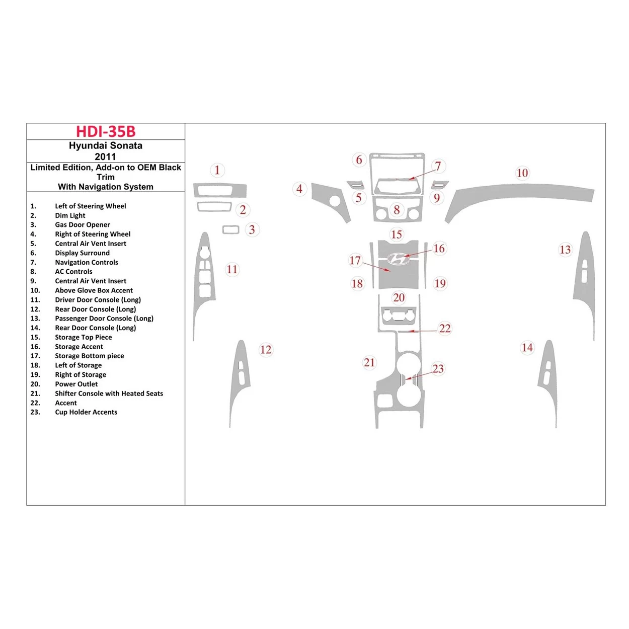 Hyundai Sonata 2011-UP Limited Edition, Add-On to OEM Black Trim, With NAVI system Interior BD Dash Trim Kit