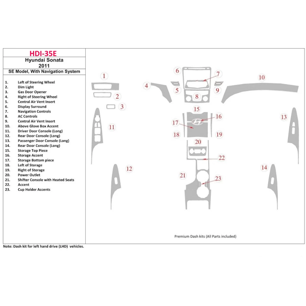 Hyundai Sonata 2011-UP SE Model, With NAVI Interior BD Dash Trim Kit