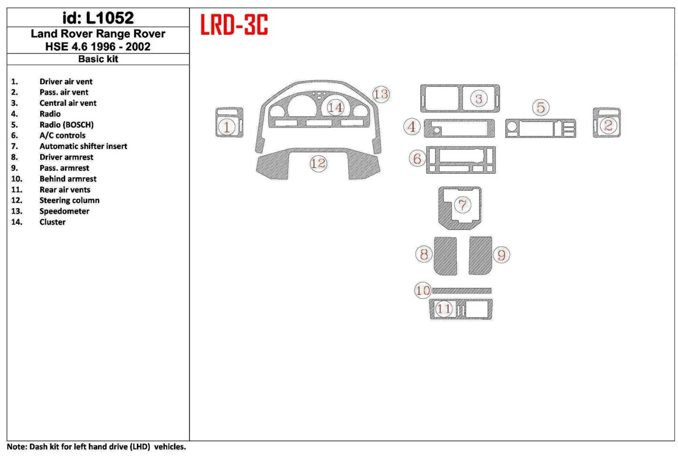Land Rover Range Rover 1996-2002 46 HSE 2001-2002 Full Set, OEM Compliance, 14 Parts set Interior BD Dash Trim Kit - 1 - Interio