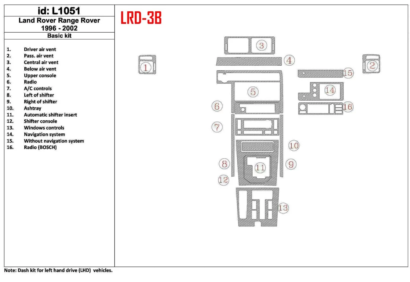Land Rover Range Rover 1996-2002 Basic Set, OEM Compliance, 16 Parts set Interior BD Dash Trim Kit - 1 - Interior Dash Trim Kit