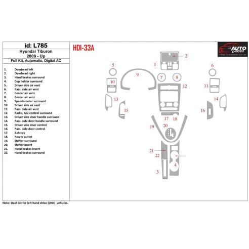 Hyundai Tiburon 2009-UP Full Kir, Automatic Gear, Automatic AC Interior BD Dash Trim Kit