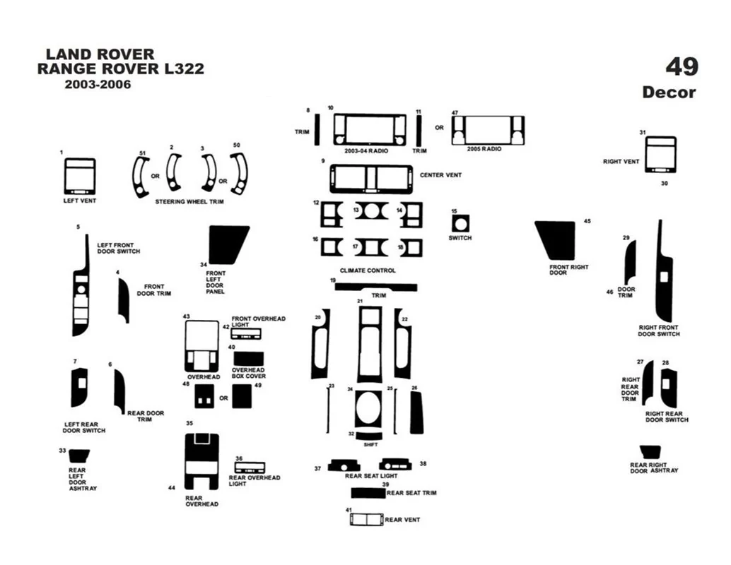 Land Rover Range Rover 2003-2006 3D Interior Dashboard Trim Kit Dash Trim Dekor 49-Parts - 1 - Interior Dash Trim Kit
