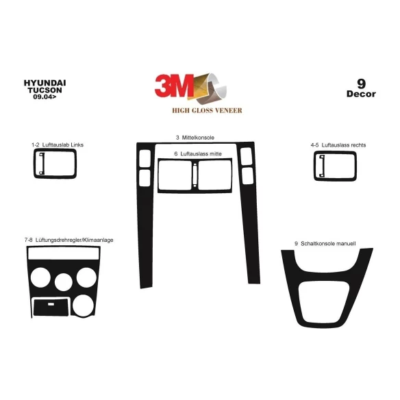 Hyundai Tucson 09.04-01.10 3D Interior Dashboard Trim Kit Dash Trim Dekor 9-Parts