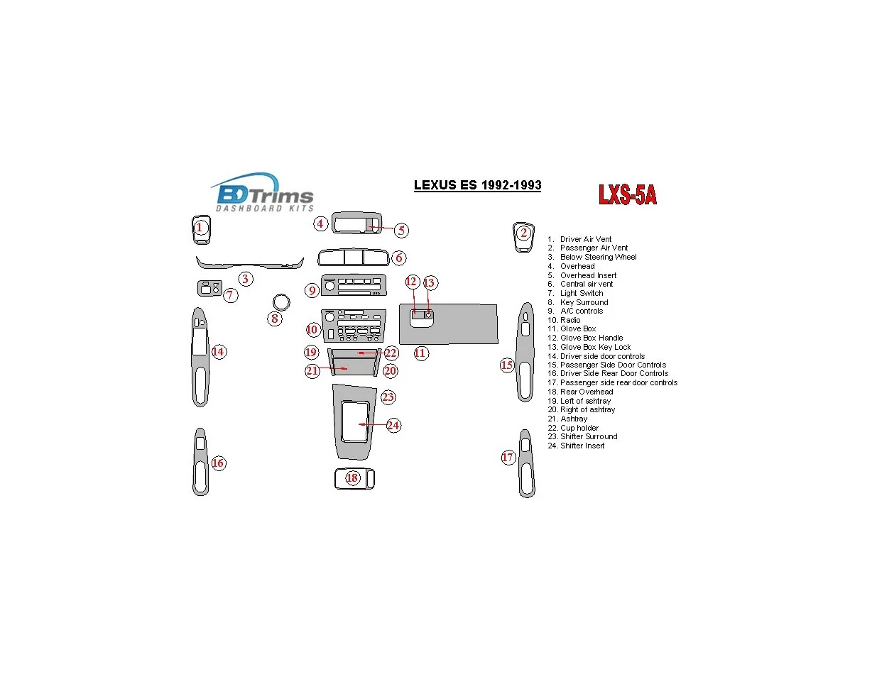 Lexus ES 1992-1993 Full Set, OEM Compliance Interior BD Dash Trim Kit - 1 - Interior Dash Trim Kit