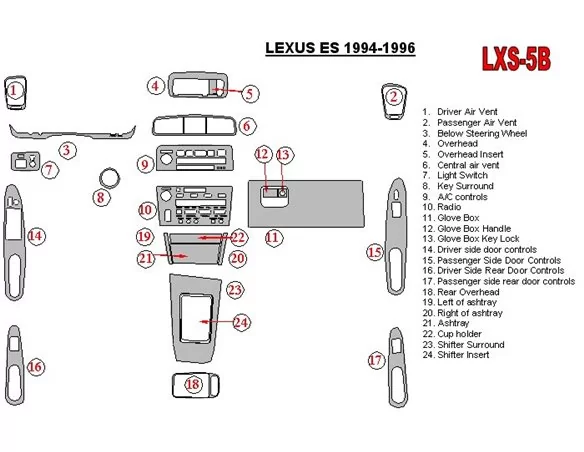 Lexus ES 1994-1996 Full Set, OEM Compliance Interior BD Dash Trim Kit - 1 - Interior Dash Trim Kit