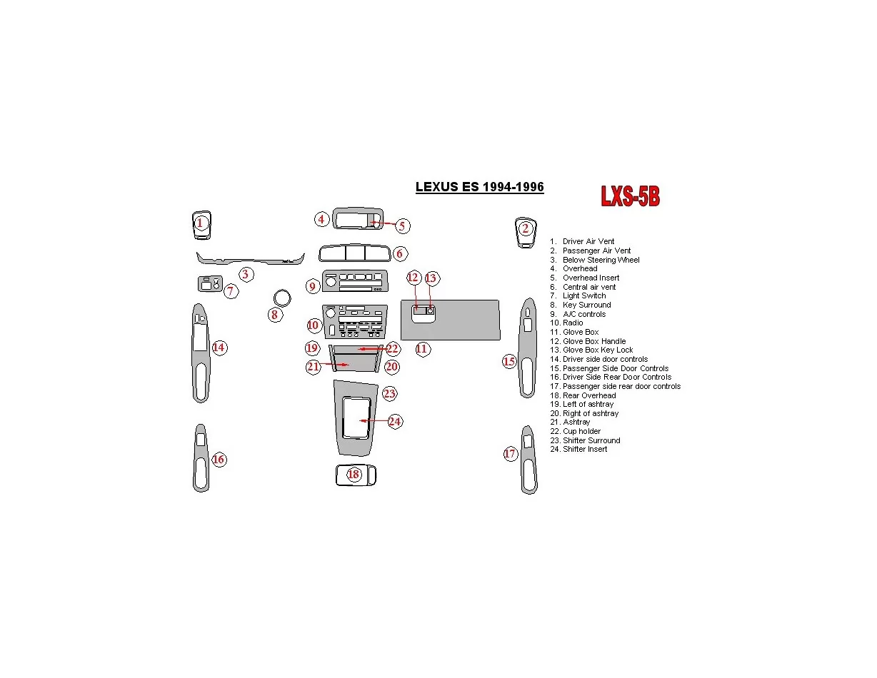 Lexus ES 1994-1996 Full Set, OEM Compliance Interior BD Dash Trim Kit - 1 - Interior Dash Trim Kit
