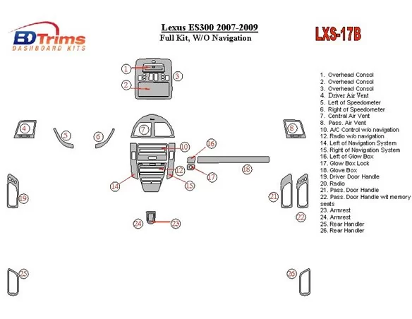 Lexus ES 2007-UP Full Set, Without NAVI Interior BD Dash Trim Kit - 1 - Interior Dash Trim Kit