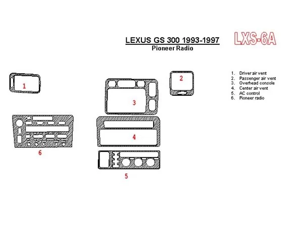 Lexus GS 1993-1997 Pioneer Radio, OEM Compliance, 6 Parts set Interior BD Dash Trim Kit - 1 - Interior Dash Trim Kit