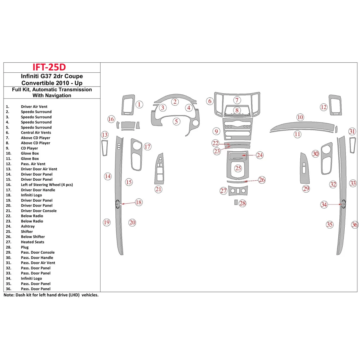 Infiniti G37 2DR Coupe 2010-UP Automatic Gearbox, With NAVI, Cabrio Interior BD Dash Trim Kit
