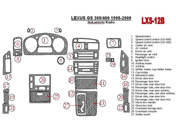 Lexus GS 1998-2000 Nakamichi Radio, OEM Compliance, 26 Parts set Interior BD Dash Trim Kit - 1 - Interior Dash Trim Kit