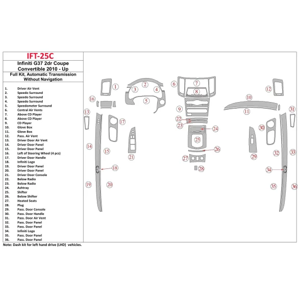 Infiniti G37 2DR Coupe 2010-UP Automatic Gearbox, Without NAVI, Cabrio Interior BD Dash Trim Kit