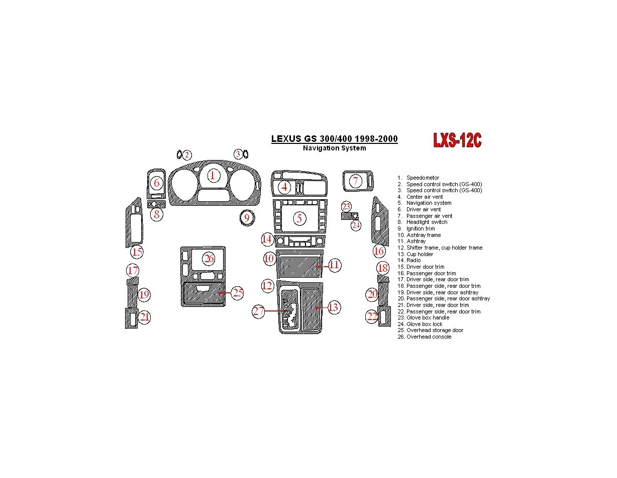 Lexus GS 1998-2000 Navigation system, OEM Compliance, 26 Parts set Interior BD Dash Trim Kit - 1 - Interior Dash Trim Kit