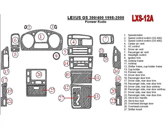 Lexus GS 1998-2000 Pioneer Radio, OEM Compliance,26 Parts set Interior BD Dash Trim Kit - 1 - Interior Dash Trim Kit