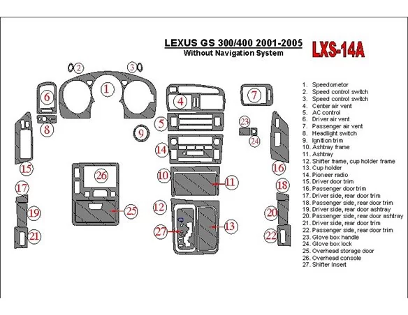 Lexus GS 2001-2005 Without NAVI system, OEM Compliance Interior BD Dash Trim Kit - 1 - Interior Dash Trim Kit