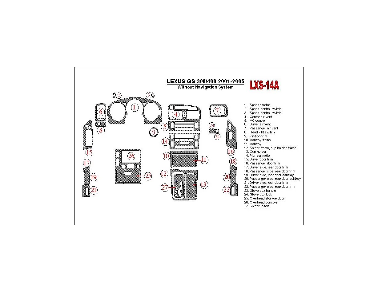 Lexus GS 2001-2005 Without NAVI system, OEM Compliance Interior BD Dash Trim Kit - 1 - Interior Dash Trim Kit