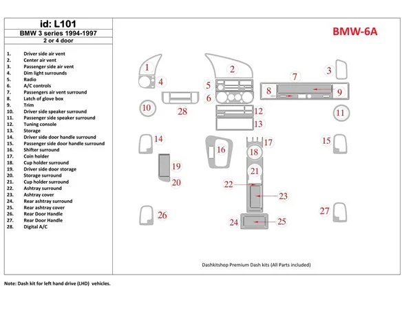 BMW 3 1994-1997 2 Doors, 25 Parts set Interior BD Dash Trim Kit - 1 - Interior Dash Trim Kit