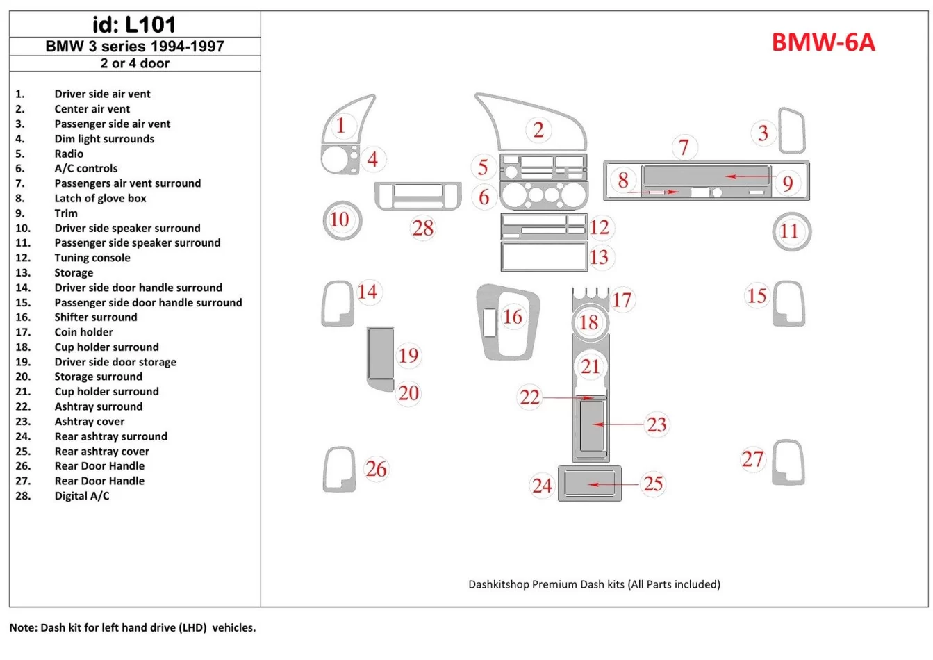 BMW 3 1994-1997 2 Doors, 25 Parts set Interior BD Dash Trim Kit - 1 - Interior Dash Trim Kit