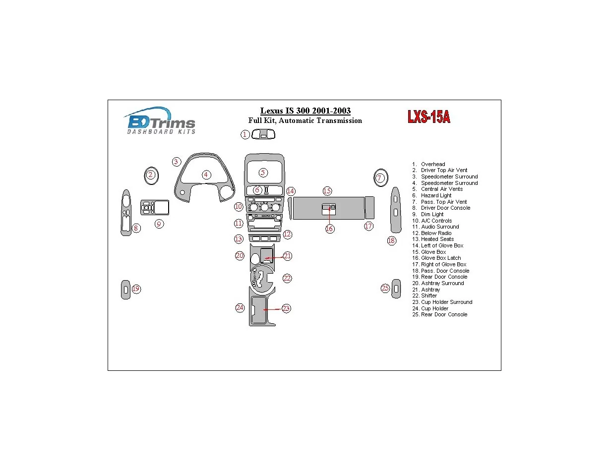 Lexus IS 2001-2003 Full Set, Automatic Gear Interior BD Dash Trim Kit - 1 - Interior Dash Trim Kit